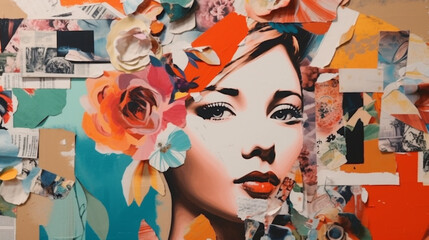 Handmade contemporary collage made of magazines and colorful paper mood board