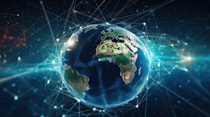 Fototapeta premium Communication technology for internet business, with a global world network and telecommunication on earth, emphasizing the interconnectedness of modern society, with elements of cryptocurrency, block