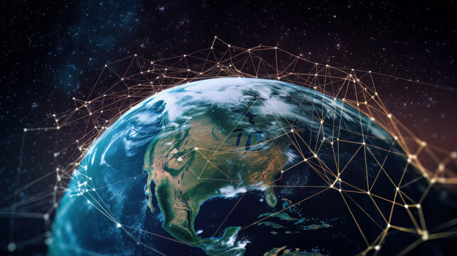 Communication technology for internet business, with a global world network and telecommunication on earth, emphasizing the interconnectedness of modern society, with elements of cryptocurrency, block