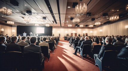 A business event in a spacious conference hall, with a stage and a podium visible in the foreground, emphasizing the importance of public speaking and communication skills