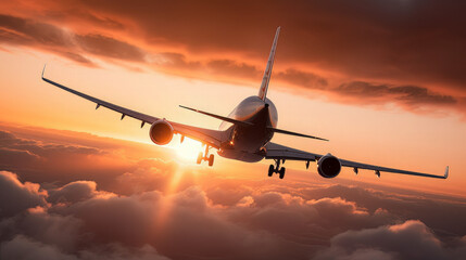 A commercial airplane in flight, soaring through the sky and leaving behind a trail of white clouds, with the sun setting in the background, casting a warm orange glow on the aircraft - obrazy, fototapety, plakaty