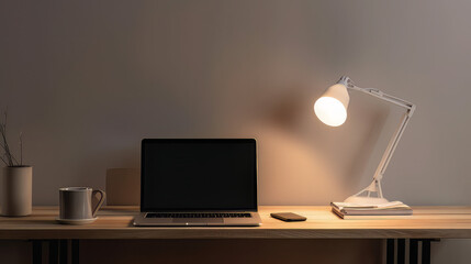 A laptop with a blank screen resting on a table, with a clean and simple desk setup, emphasizing the potential for productivity and creativity, with neutral colors and lighting