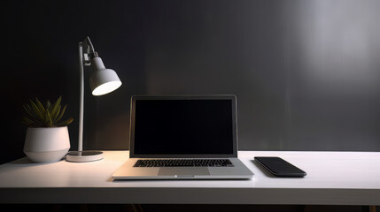 Fototapeta premium A laptop with a blank screen resting on a table, with a clean and simple desk setup, emphasizing the potential for productivity and creativity, with neutral colors and lighting