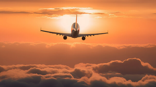 A commercial airplane in flight, soaring through the sky and leaving behind a trail of white clouds, with the sun setting in the background, casting a warm orange glow on the aircraft © Tn