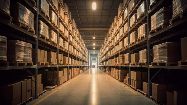 A huge distribution warehouse filled with high shelves, emphasizing the scale and complexity of modern logistics, with rows of tall shelves filled with boxes and products
