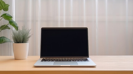 A laptop with a blank screen resting on a table, with a clean and simple desk setup, emphasizing the potential for productivity and creativity, with neutral colors and lighting