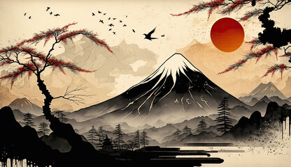 Serene Landscape, Japanese Painting Background AI Generated
