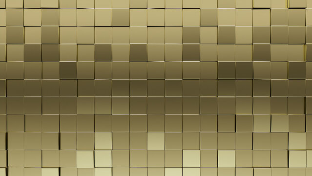 Polished, Gold Wall background with tiles. 3D, tile Wallpaper with Square, Glossy blocks. 3D Render