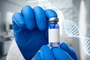 Lab scientist holding bottle vial and DNA strand