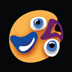 Psyhodelical Print with Yellow Yolk Monster with Eyes. Surreal Design on Black. Pop Art Cartoon Style with Stains. Single Design Element. Vector 3d Illustration