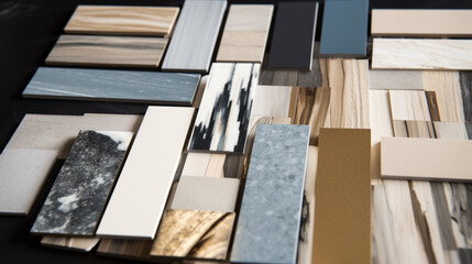 Material samples. Blue, gray, white, black, gold, warm wood. mood board
