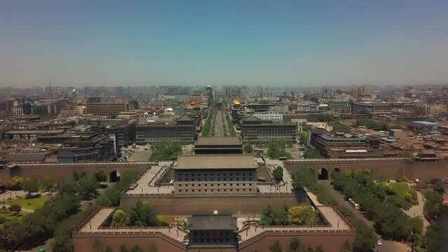 Stunning Drone Fly Over of Old City Wall in Xi An, China