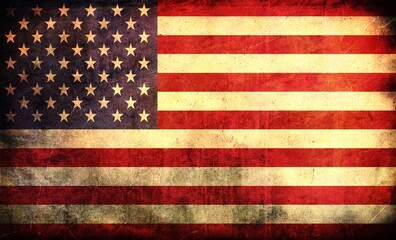 Grunge USA Flag. Background of national flag of United States of America printed on concrete wall, toned