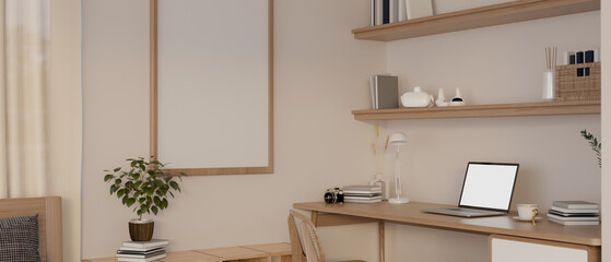 Scandinavian minimalist home workspace interior design with laptop mockup