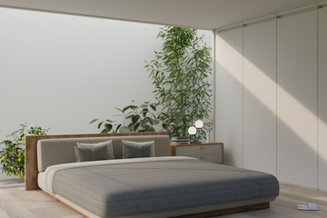 Side view of a modern bedroom with indoor garden behind the bed interior design