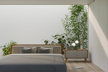 Modern luxury bedroom with minimal indoor garden behind interior design