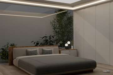 Interior design of a modern bedroom with modern indirect light on ceiling, indoor garden