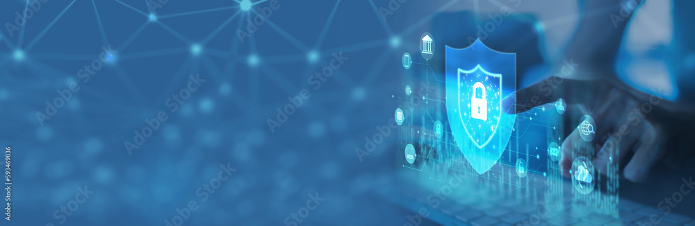 Poster young businesswoman is using laptop for cyber security protection.cyber security concept, user priva