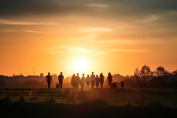 Silhouette of people walking in the field at sunset. People with dogs. Generative AI