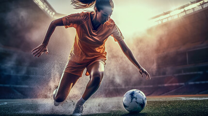 Girl kicking soccer ball in front of goal. Generative AI. High quality illustration