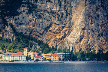 view of village in front of the moutains at lake garda italy