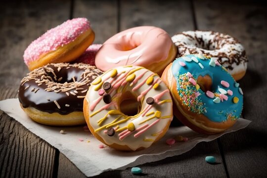 Assorted donuts with chocolate frosted, pink glazed, and sprinkled donuts