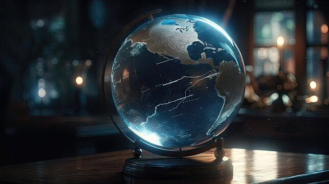 Crystal ball with a map of the earth on the table in the glare of light, generative ai