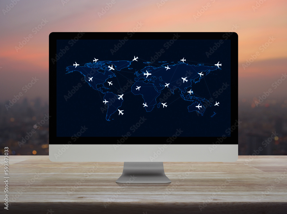 Poster flight routes airplanes connection and world map on computer screen on table over cityscape on warm 