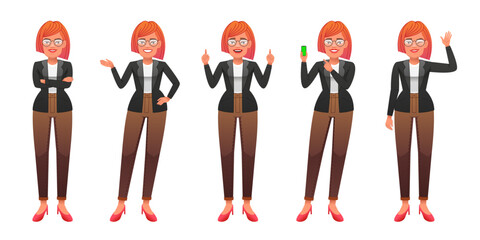 A business lady is standing with her arms crossed, pointing at something, waving her hand, with a smartphone in her hand. A beautiful slender white girl with glasses stands in different poses. 