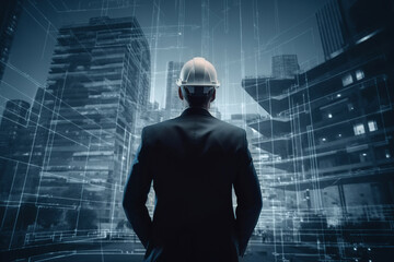 City development planning, construction and architecture business concept. Businessman in helmet and suit on background of buildings and schemes. Generative AI