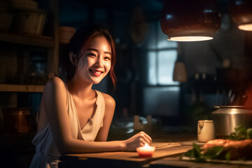 an Asian woman standing in her kitchen, smiling towards the camera. The warm spotlight creates a striking contrast between the light and shadow, casting a dramatic effect on the scene. generative AI