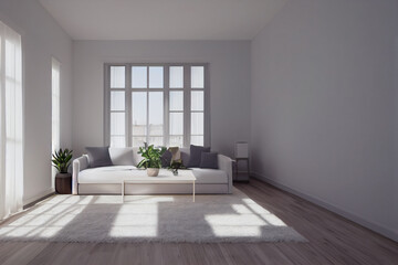 Fototapeta premium Living room with high ceilings and a large window. Modern interior in bright colors created with Generative AI technology.