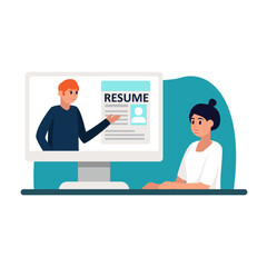 Cartoon character of female hiring manager looking at resume on computer. Human resource management representative. Selection of job candidates for interview. Vector