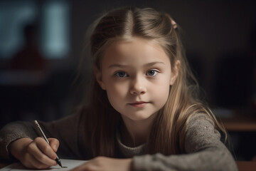 young girl wearing brown grey t-shirt working on homework in the classroom smiling, blonde kindergarten girl drawing with pencil look at camera, generative ai