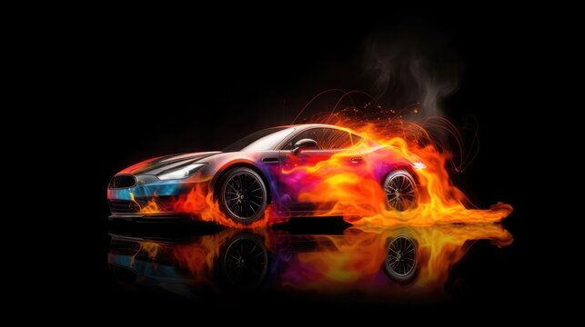Sports car on fire on a black background. Desktop wallpaper