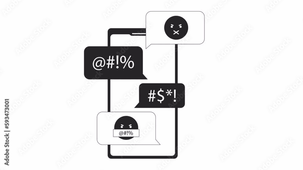 Poster online blackmail bw animation. animated threatening messages on mobile phone 2d flat monochromatic t