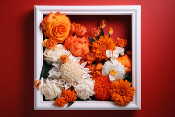 Framed Orange and White Floral Blossoms on a Vibrant Orange Background