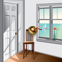 a simple interior of a nice room with a big window and a bottle with a flower ,a sea view and a boat, simple chair in the conner and a hat on it, the door and a lot of light and shadows.