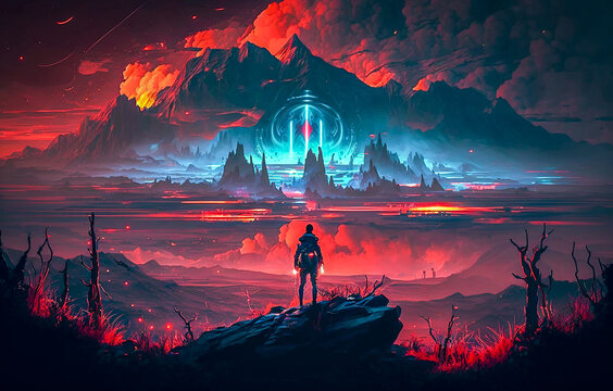 Alien Neon Landscape. Generative AI.
A digital science fiction painting of an alien landscape with neon coloring.