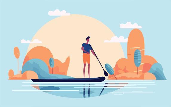 Woman stand-up paddling on a lake, with the sun setting in the background and reflections of the on a paddleboard and trees on the water. Flat vector summer watersport concept. Gadget-free vacation