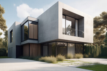 A contemporary house with sleek lines and minimalist design, featuring large windows that provide ample natural light. The exterior is painted in a cool grey with accents of white, generative AI