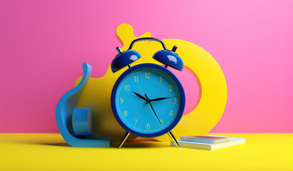 Alarm clock and book on yellow and pink background. 3d rendering