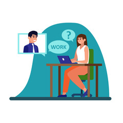 Cartoon characters of female hiring manager talking with male job candidate online. Meeting with headhunting business representative via video call. Human resource management. Vector