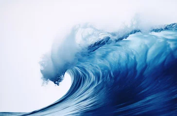 Gordijnen Blue sea wave with white foam isolated on white background. High quality photo © oksa_studio
