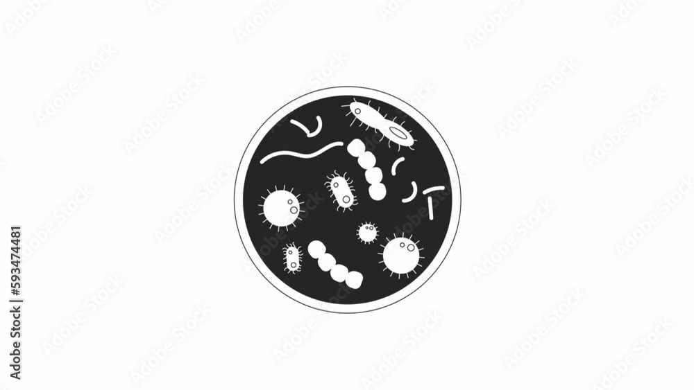 Poster animated bw bacteria petri dish. black and white thin line icon 4k video footage for web design. res