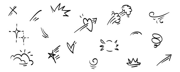 Doodle set cartoon expressions effects. Hand drawn emoticon effects design elements. vector illustration