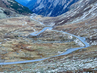 Mountain road crossing Pass Fluela (Flüelapass, Flüela Pass or Pass dal Flüela) in the Swiss...