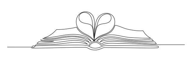 Love reading. Open book with heart shape from pages. Continuous line drawing. Education concept.