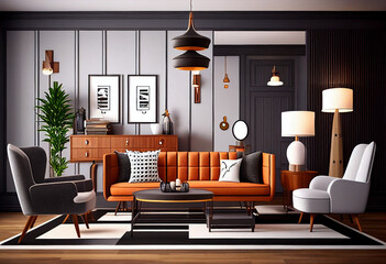 Design a contemporary living room furniture set for a modern house, including a sofa, armchair, coffee table, and accent lighting. 