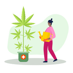 Fototapeta na wymiar Cartoon character of dark woman growing and watering cannabis. Supporting legality of cannabis for medical use. Marijuana cultivation and legalization. Vector